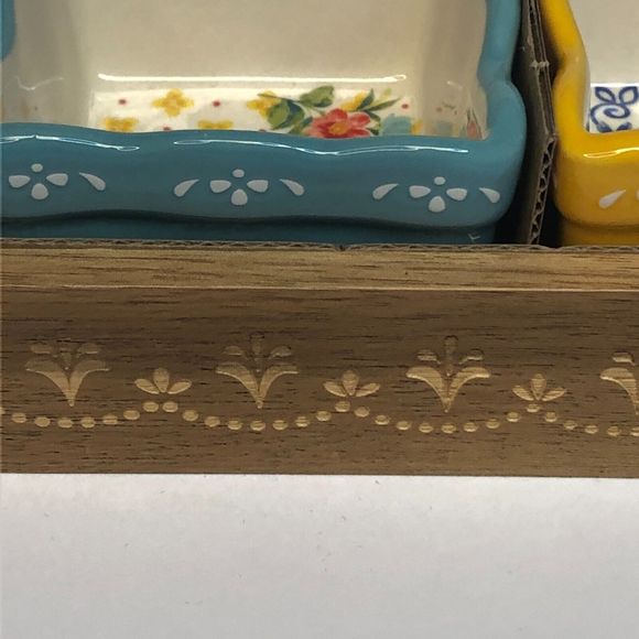 Pioneer Woman Floral Condiment Dish Set Mini Dip Square Bowls Acacia Wood Tray - Picture 3 of 16